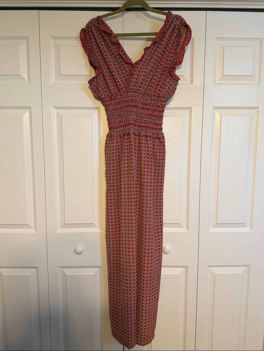 Max Studio Red Printed Sleeveless Smocked-Waist Jumpsuit